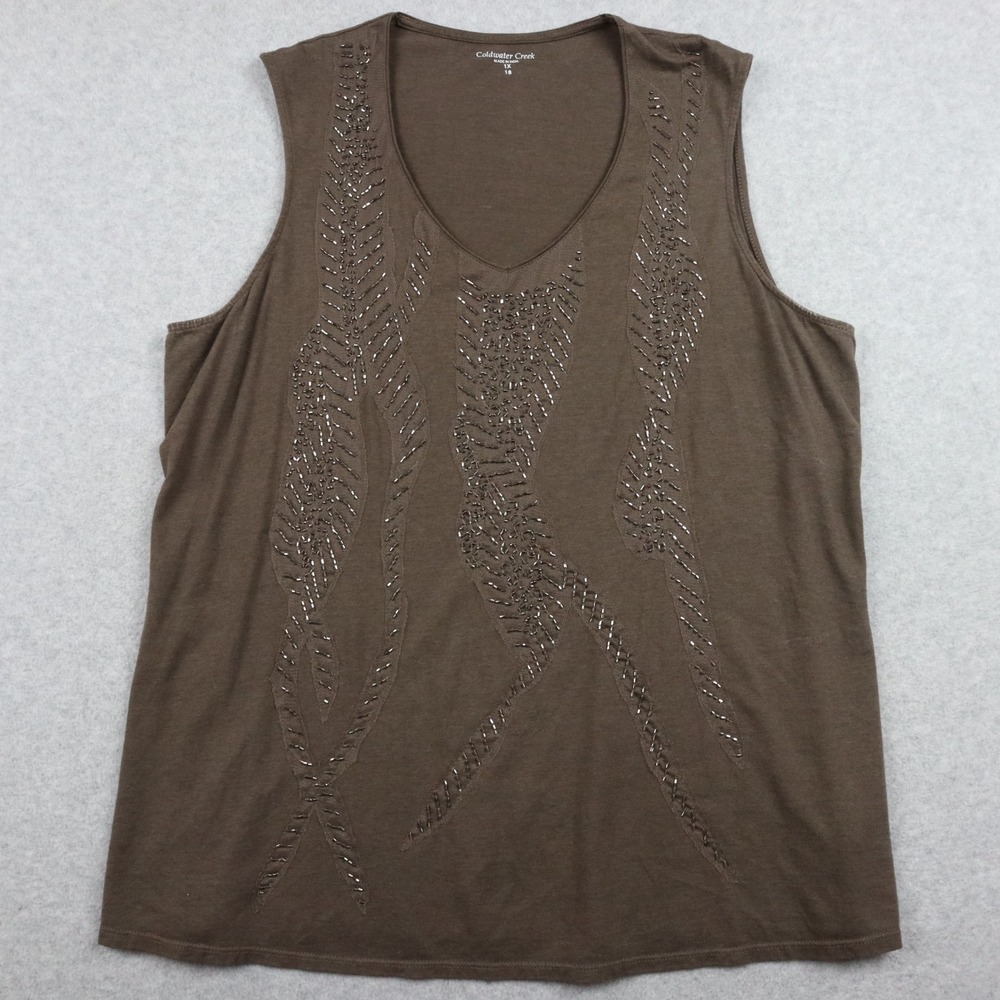 Coldwater Creek Top Womens 1X 18 V-Neck Beaded Tank Casual‎ Brown Sleeveless